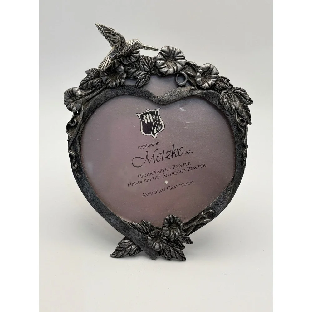 Vintage Metzke Pewter Heart Picture Frame Hummgingbird Floral Morning Glory